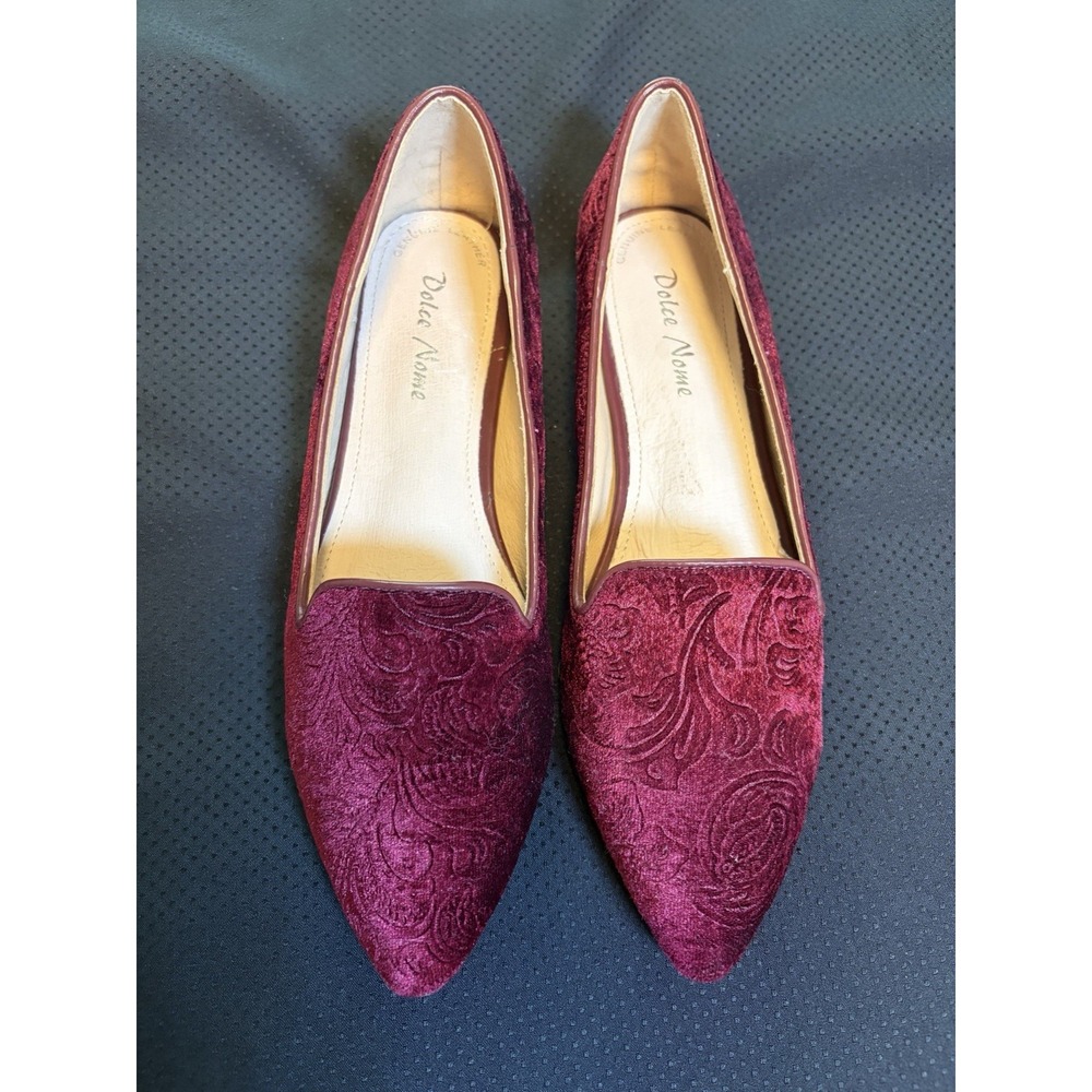 Dolce Nome Pico Burgundy Velvet Floral Damask Pointed Toe Mules Flat Shoes~Sz 7M - Picture 2 of 9